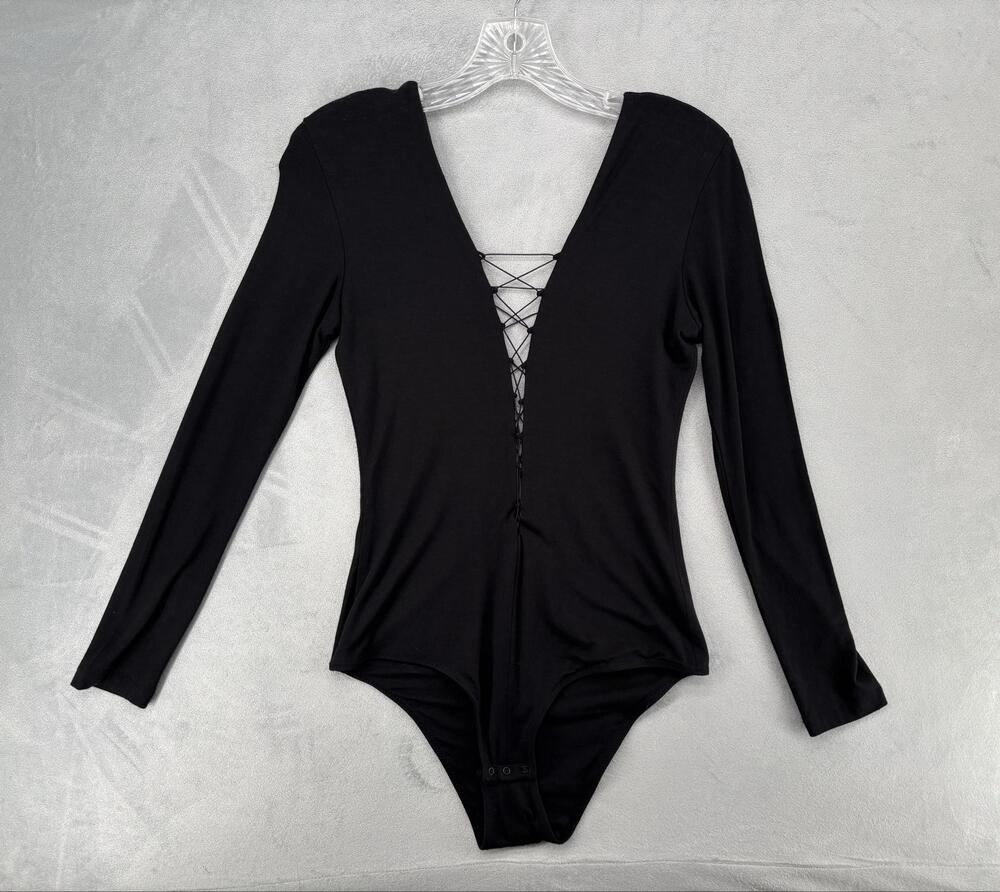 Alexander Wang Bodysuit Womens M Black One‎ Piece Lace-Up Deep V Gothic Sexy
